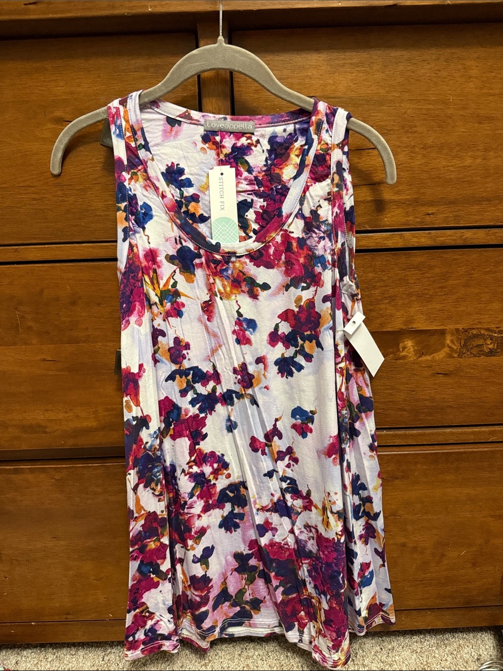 Loveappella White Tank with Pink, Purple & Blue Floral Print